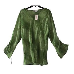 NWTs DressBarn Womens Sz L Blouse Top Green Floral Sheer Bell Sleeve Button Boho